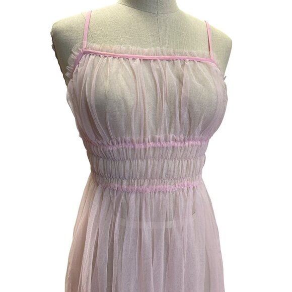 Vintage Pink Sheer Tulle Midi Dress With Ruched Bodice & Spaghetti Straps - Picture 3 of 5